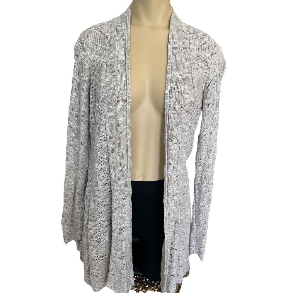 Eileen Fisher Open Front Cardigan Women's‎ Small Chevron Knit Beige Linen Blend